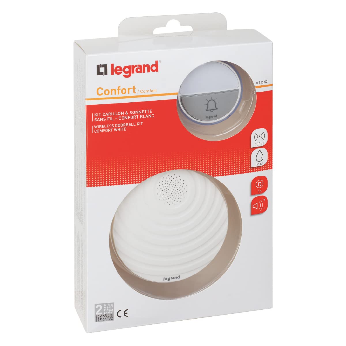 Legrand 094252 Wireless Bell Set Comfort with Waterproof Bell Push (IP44) Battery Operated 1x Gong with 15 Melodies 1x Bell Push 100 m Range