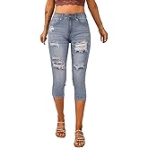 Vetinee Women's High Waisted Casual Ripped Skinny Slim Fit Stretch Denim Capri Jeans
