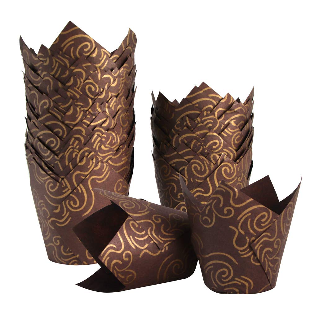 Photo 1 of 150pcs Tulip Cupcake Liners Baking Cups Muffin Liner Grease-Proof Paper Cupcake Wrappers for Wedding, Birthday Party, Standard Size (Golden Printed, Brown)