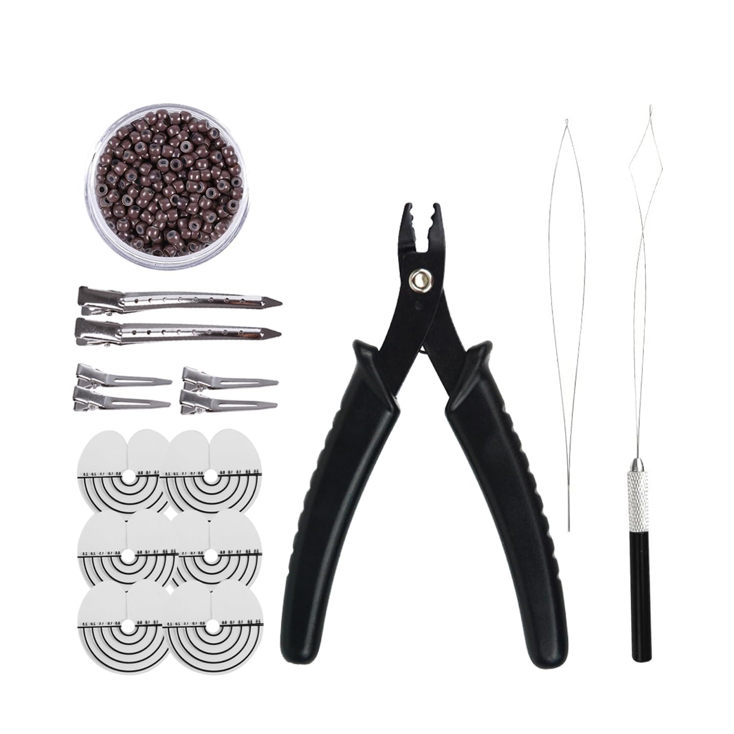 Hair Extensions Kit : 2 Holes Hair Pliers,500Pcs 3mm Silicone Hair Rings Beads, Pulling Needle and Loop Threader (Brown)