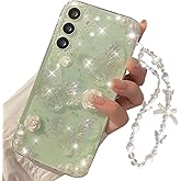 Changjia for Samsung Galaxy S25 Clear Glitter Case,Cute 3D Butterfly Floral Flower Crystal Pearl Bling Sparkle Shiny with Wrist Strap Soft TPU Aesthetic Women Girl Phone Case for Galaxy S25 6.2",Clear