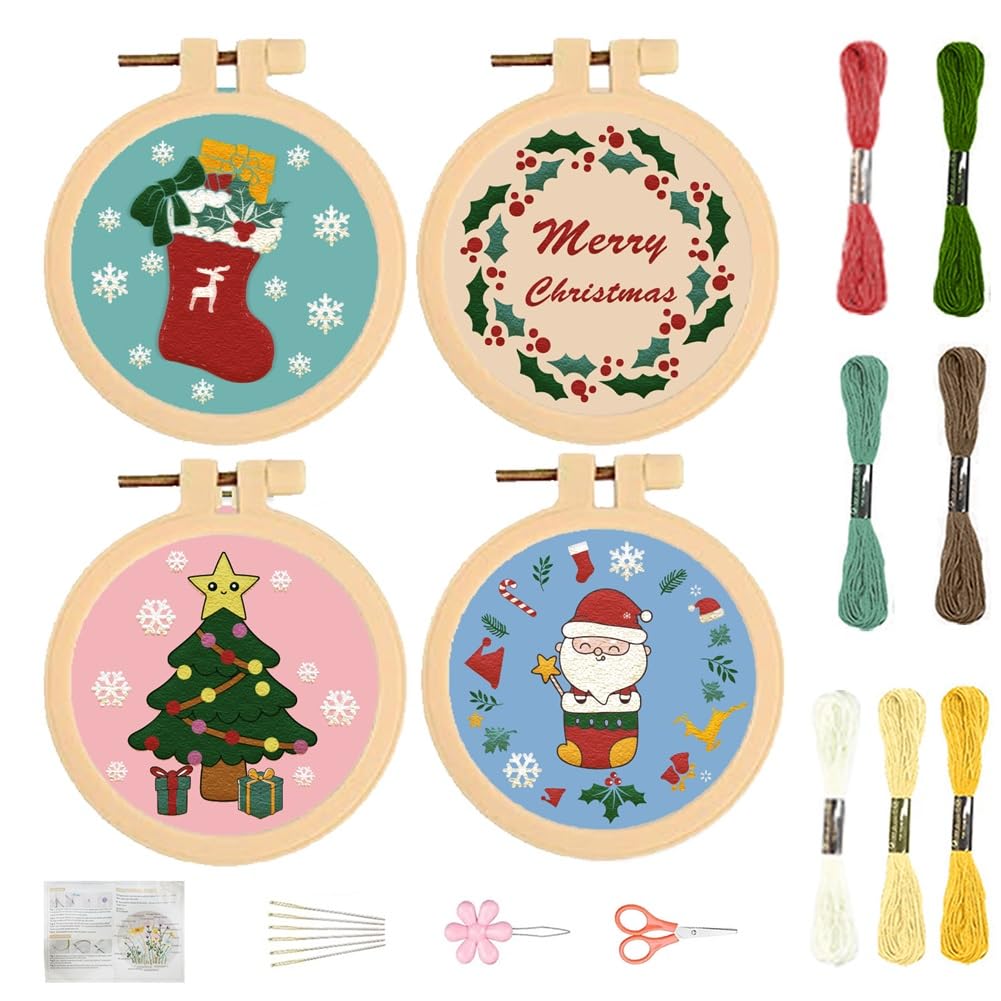 FREEBLOSS 4 Sets Christmas Embroidery Kit for Beginners 3.7‘’ Mini Embroidey Kit with Instructions Full Kit of Embroidery Cloth Embroidery Hoops Color Threads and Tool