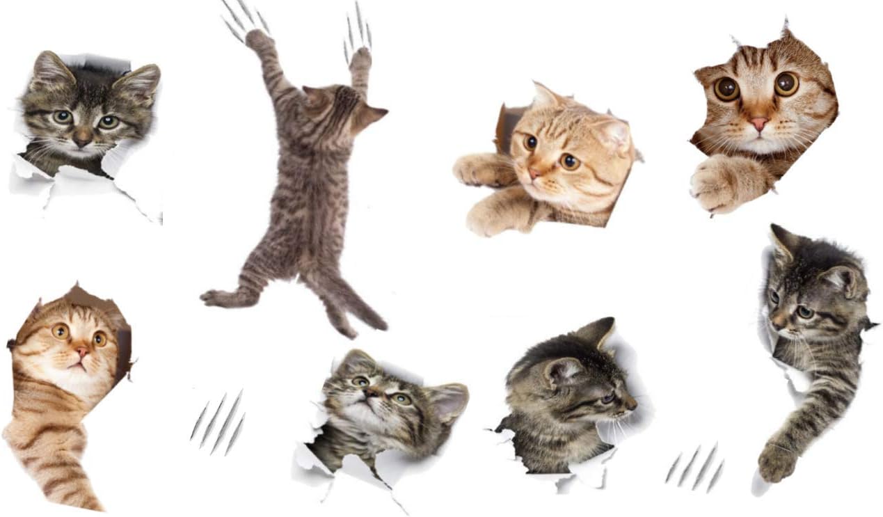Removable Wall Stickers, Toilet Sticker, Switch Decals- 8 Cute Cats/ 3D Cat Funny Home Decor Family DIY Art Car Sticker for Kids Room Office Home Wall Decoration(8 Cats, 8 x 12 Inch)