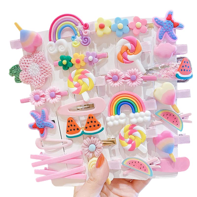28 Pieces Cute Hair Clips Fashion Hair Accessories for Girls Flowers Fruits Colorful Rainbow Candy Dessert Cute Animal Hair Clips Set Non-Slip Metal Snaps(Type A)