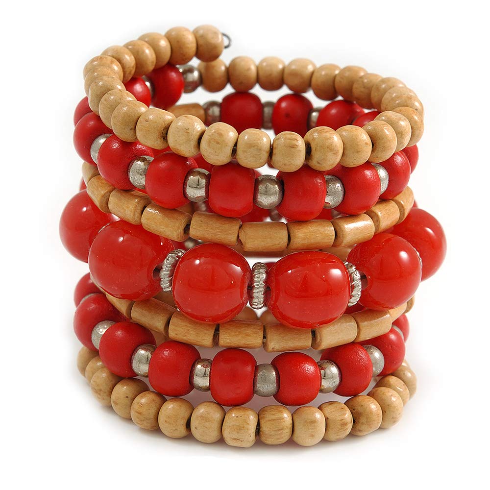 Avalaya Wide Coiled Ceramic, Acrylic, Wood Bead Bracelet (Brick Red, Natural) - Adjustable
