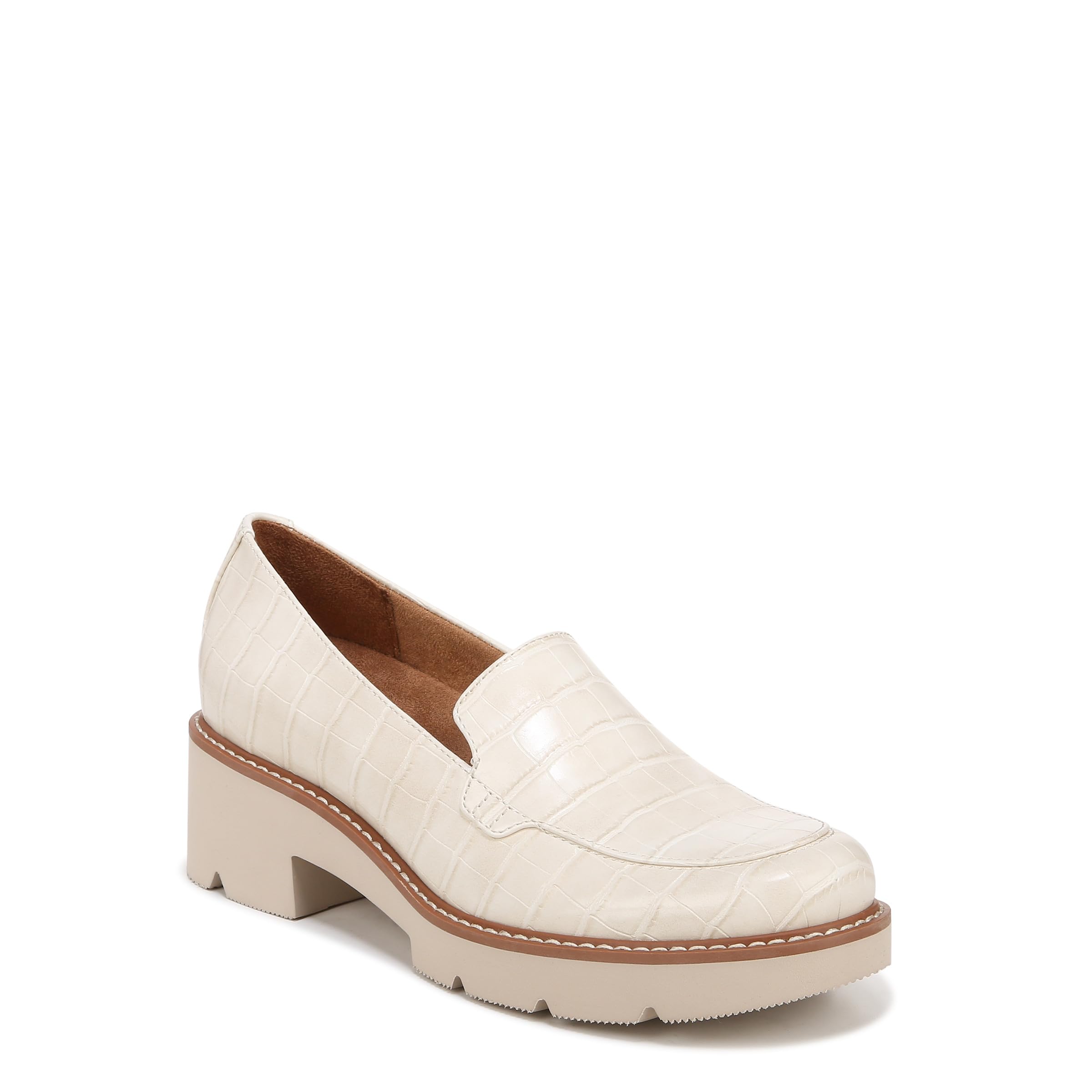 Naturalizer Womens Cabaret Slip On Lug Heeled Loafer Porcelain White Croco 6 W