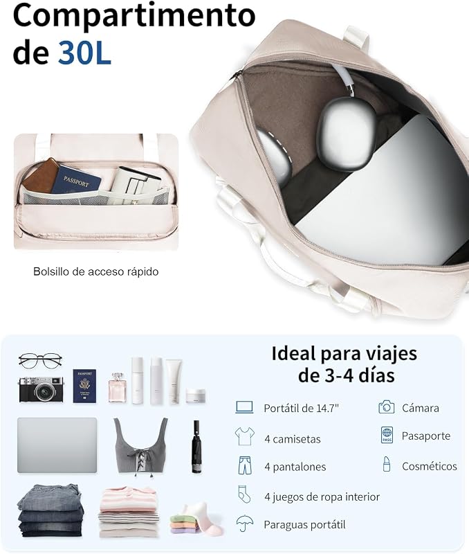 Bolsa de Viaje Plegable, Equipaje de Mano Ligera y Resistente al Agua para el Fin de Semana, Bolsa Viaje con Reciclada Bolsillo Húmedo Extraíble para Mujer y Hombre, 30L-Beige