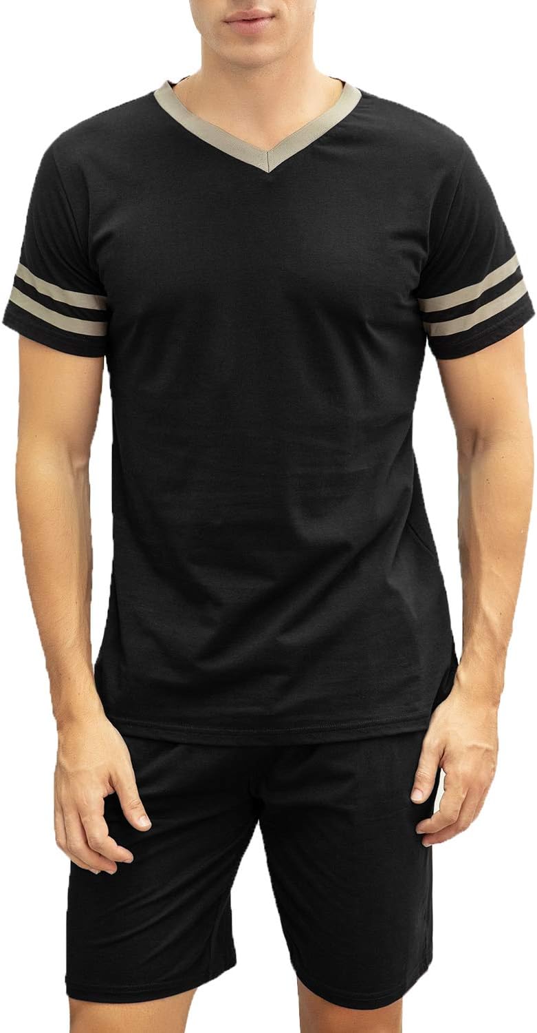 Men's Cotton Pajama Set Short Sleeve Crew Neck Contrast Lounge Sleepwear Sets S-XL
