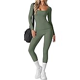 Velvelhall Women's 2 Piece Workout Sets Long Sleeve Yoga Square Neck Top High Waist Leggings Athletic Pants Active Sports Gym