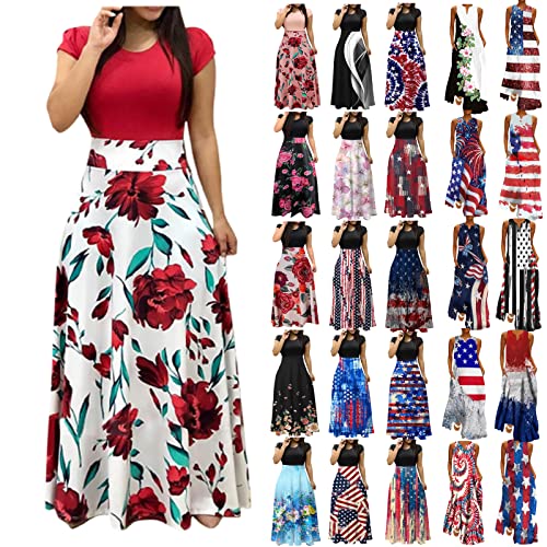 Tapanet Women's Casual Dresses 2023 Fashion Floor-Length Long Dress Printed Maxi Dress Plus Size Dress Independence Day Dress Elegant Floral Dress Slim Soft Dress Emperor Waist Dress
