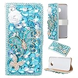 Evtech(tm) Butterfly Floral Rhinestone Bling Crystal Glitter Book Style Folio PU Leather Wallet Case with Handbag Phone Holder & Card Slots (Samsung Galaxy Note 5, Blue)