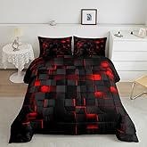 Feelyou Red and Black Bedding Set Twin Size Light Geometric Comforter Set for Kids Boys Girls Decor Comforter Modern Duvet Set with 1 Pillow Case