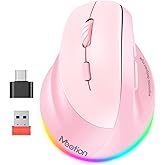 MEETION Left-Handed Mouse, Ergonomic Mouse Wireless Vertical Mouse, RGB Rechargeable Mice for Bluetooth(5.2 + 3.0) & USB-A with Type-c Adapter 4 Adjustable DPI for Mac/Windows/PC/Tablet/iPad Pink
