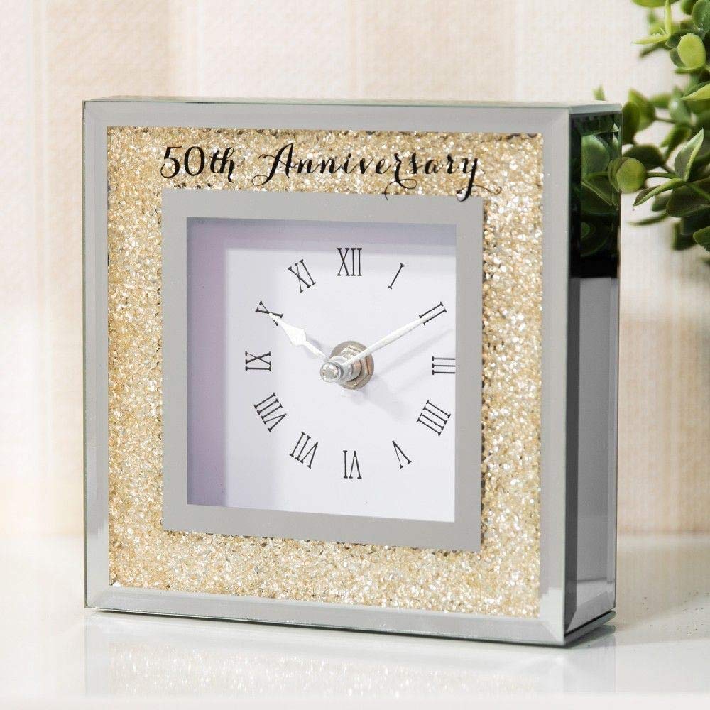 Widdop & Co Celebrations Golden Crystals Border Mirror Glass Mantel Clock 50th Anniversary
