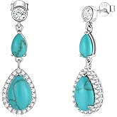 FANCIME Created Turquoise Earrings Sterling Silver 2 Stones Turquoise Halo Cubic Zirconia Pear Shape Teardrop Dangle Earrings December Birthstone Jewelry for Women