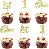 Peawslty 30 Pcs One Cupcake Toppers Gold Glitter First Birthday One Cupcake Picks for Baby Shower 1st Birthday Party Cake Decorations Supplies