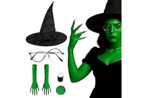 PLAYNEEU Halloween Witch Costume Set – 5PCS Elphaba Cosplay Kit with Witch Hat, Green Gloves, Glasses & Face Paint | Wicked Costume for Women, Teens, Kids, Halloween Party & Cosplay