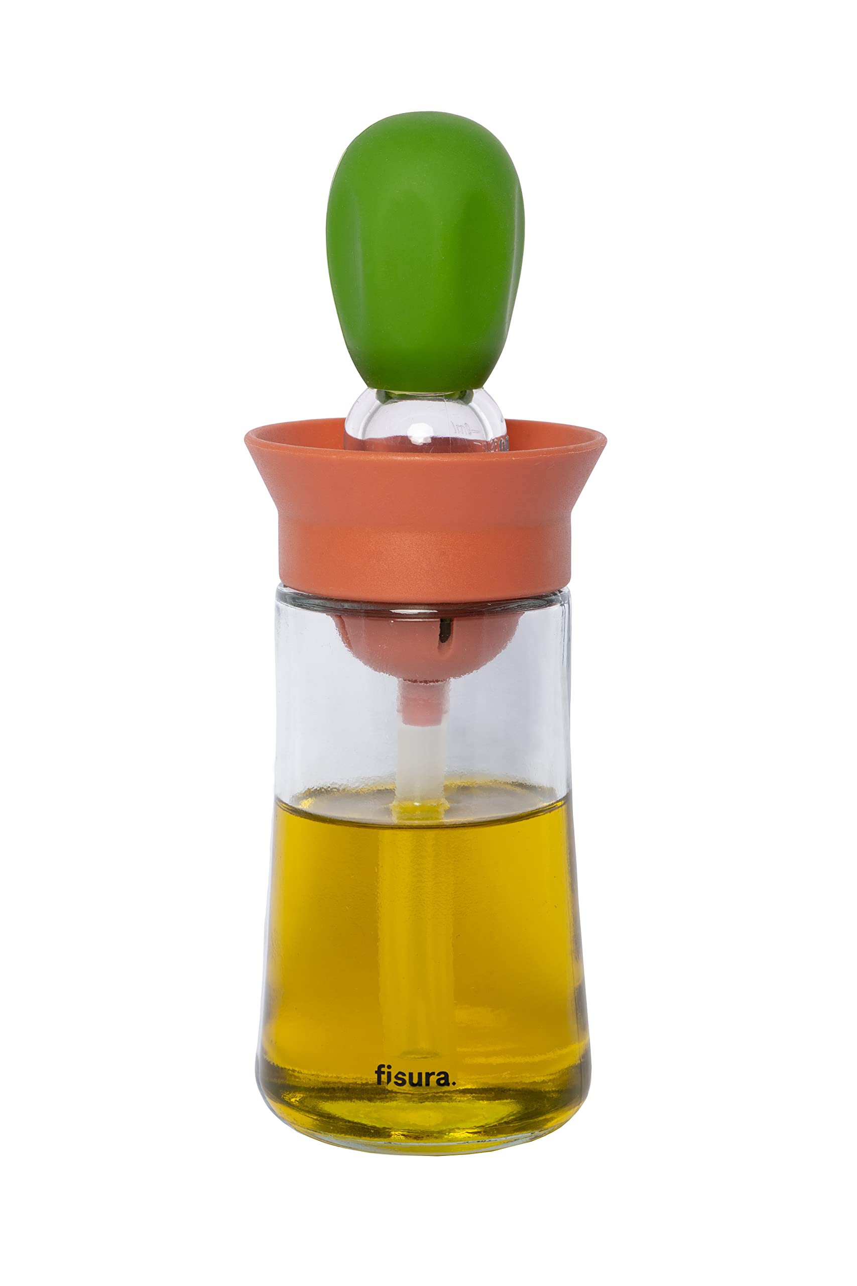 FISURA Oil Bottle with Green and Orange Brush 180ml Glass Oil Dispenser with Brush for BBQ and Kitchen Silicone and Glass