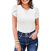 MISSJOY Womens Summer Short Sleeve Bodysuits Crew Neck Ribbed Petal Sleeve Stretchy Slim Fit Leotards Tops