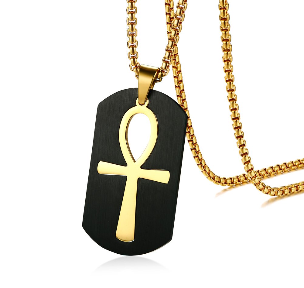 VNOX Men's Stainless Steel Ankh Cross of Life Dog Tag Pendant Necklace Black Gold,Removable,Free Chain