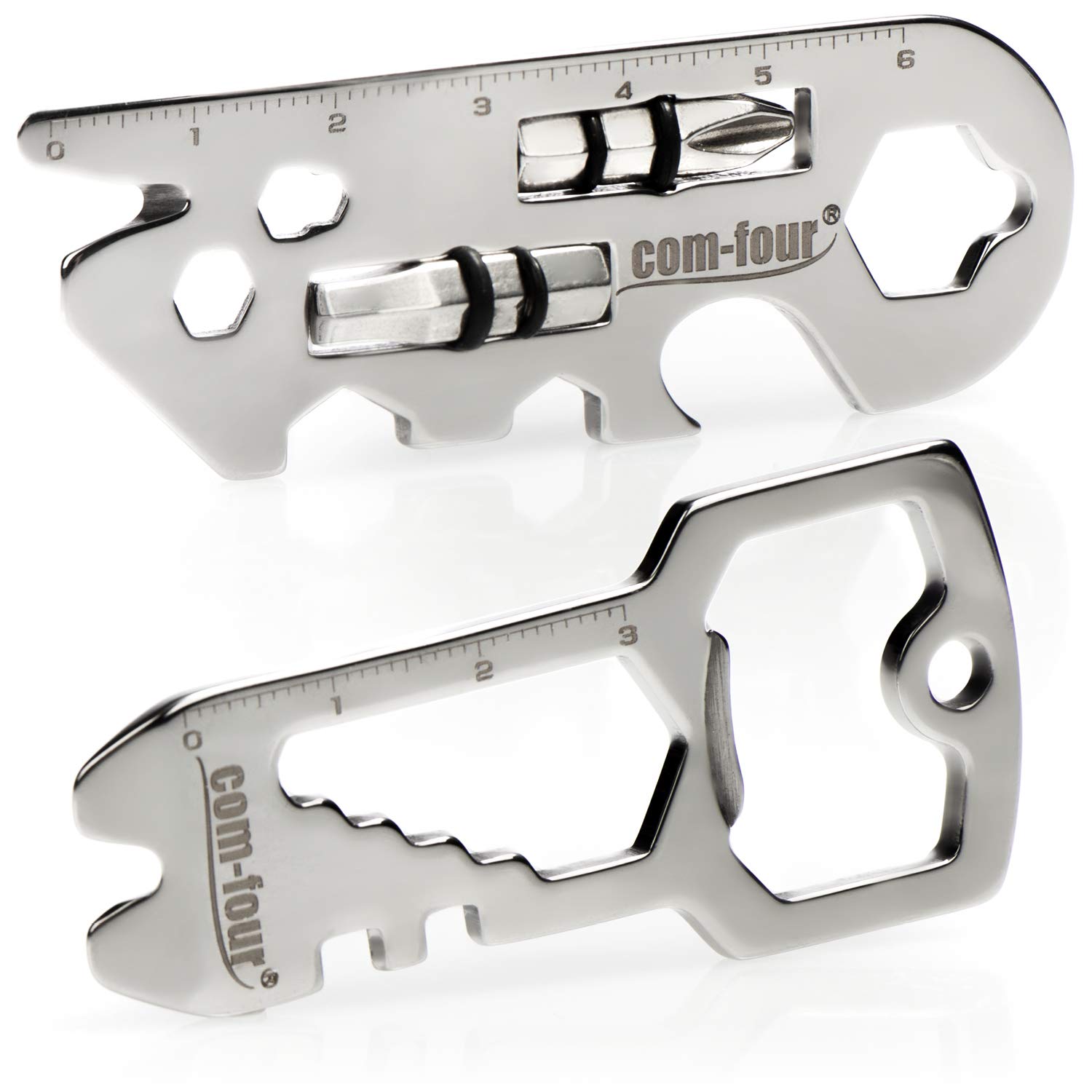 COM-FOUR® 2-piece Multi-Tool Set - Functional Tool Made of Stainless Steel with 22 Functions - Key Tool with Bottle Opener for Camping, Hiking, Workshop, Model Making (2 Pieces - Multitool A)