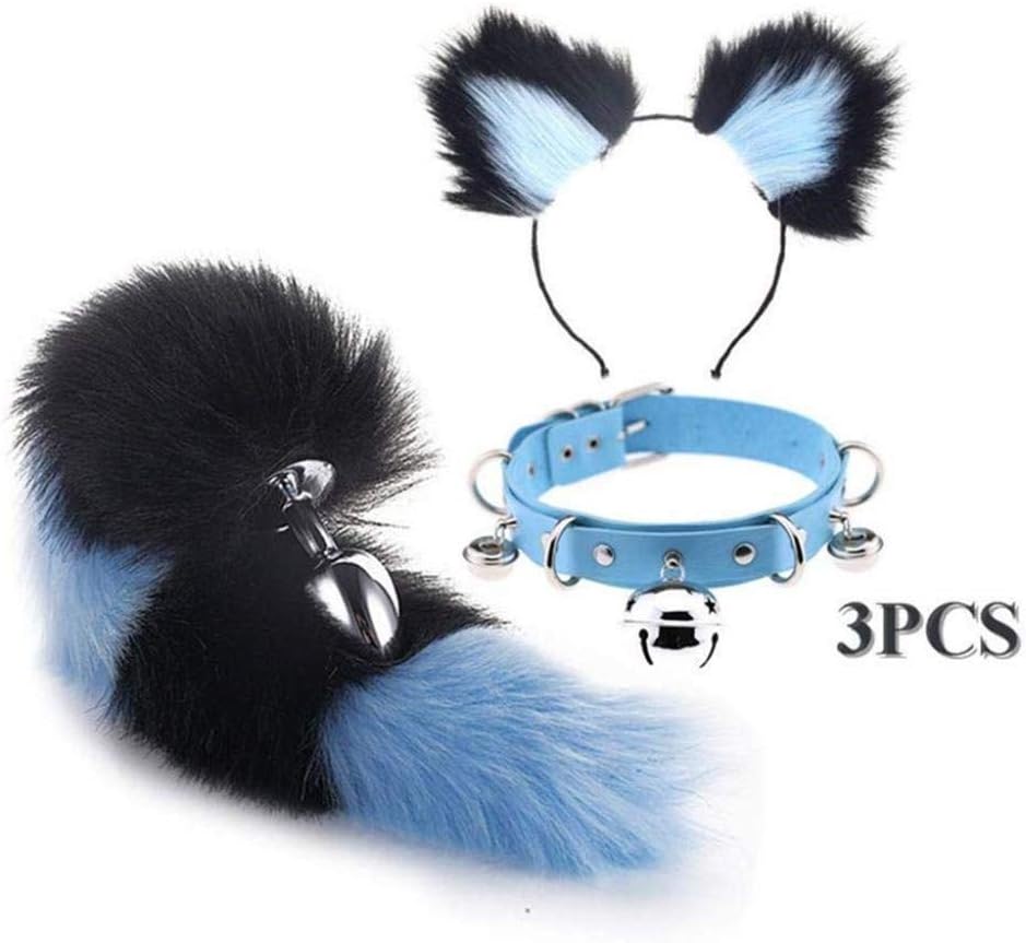 Jjek Cos Bell Collar - (Black & Purple) Fluffy B-ütt P-l-ǔ-g Fox Tail Plush and Cat Ears Anime Set for Women Glamour Female Masquerade Props 3pcs (Size : M)