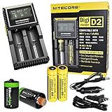 Nitecore D2 Digicharge universal home/in-car battery charger, Two Nitecore 18650 NL189 3400mAH rechargeable batteries with 2 X EdisonBright AA to D type battery spacer/converters