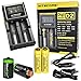 Nitecore D2 Digicharge universal home/in-car battery charger, Two Nitecore 18650 NL189 3400mAH rechargeable batteries with 2 X EdisonBright AA to D type battery spacer/converters