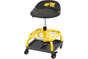 FreekyFit Rolling Shop Stool with Wheels, Garage Work Mechanic Stool with Backrest, Roller Mechanic Chair, Adjustable Height, 360° Swivel, Tool Tray Storage, 330 LBS Capacity, Heavy Duty, Yellow