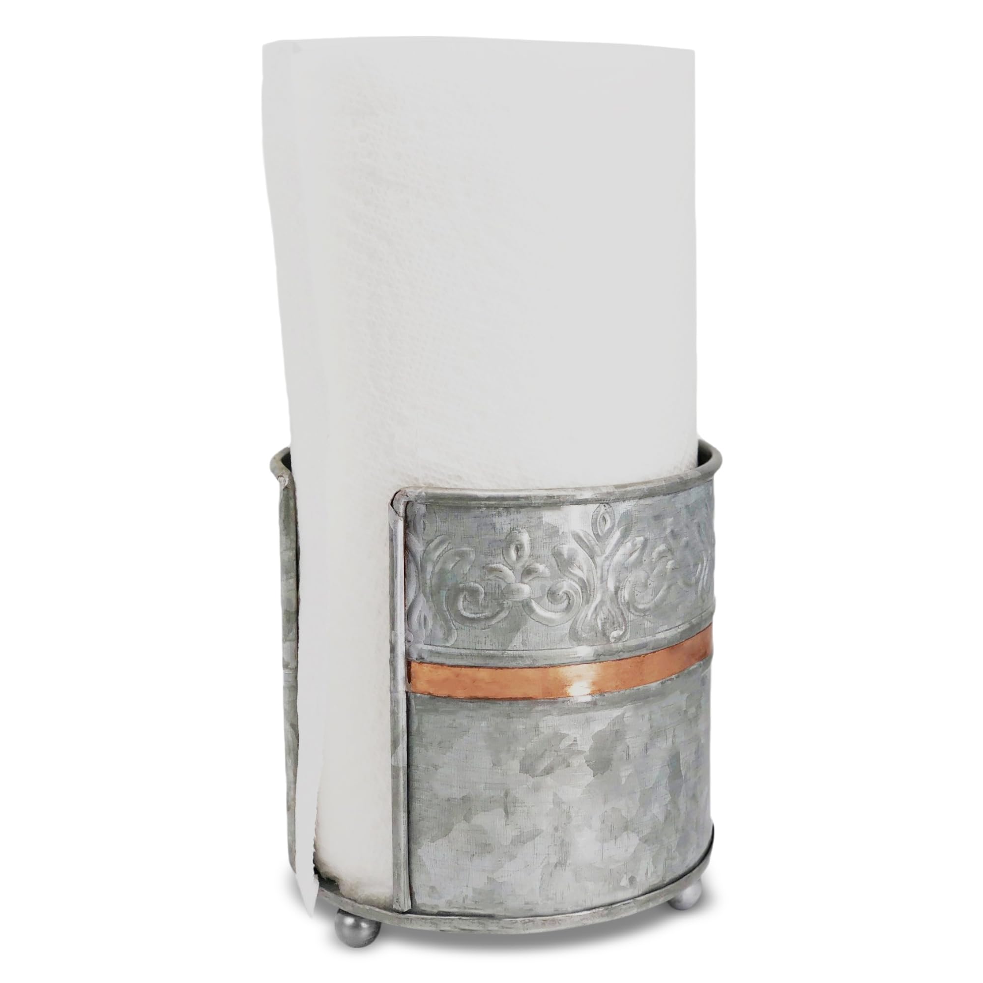 Photo 1 of Autumn Alley Farmhouse Galvanized Kitchen Paper Towel Holder – Vintage Style Weighted Countertop Design – Rustic Warm Copper Accent with Galvanized Metal for Industrial Flair