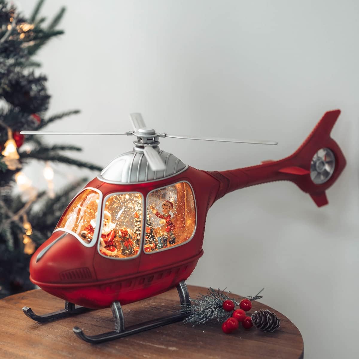 Snow Globes - Musical Christmas Snow Globe, Helicopter Propeller Rotation Scene Decorations with Timer Swirling Singing Water Glittering Water Lantern, USB/Battery