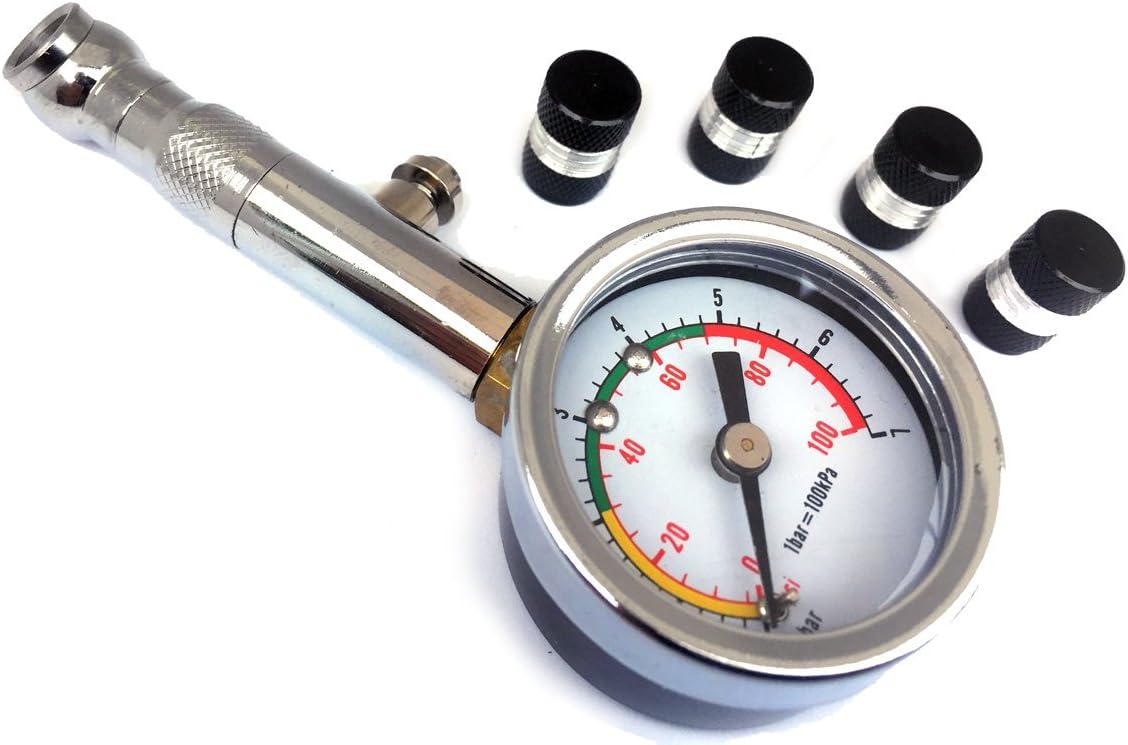 100 Psi Tire Pressure Gauge with 4 Aluminum Racing Tire Valve Caps - no Batteries Required, Compact Handheld Design, Reliable and Accurate, 1.5" Display, Best For Car,Truck, Bike, Motorcycle, ATV