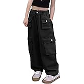 Nanasait Girl's Elastic High Waist Cargo Pants Wide Leg Trousers with Flap Pocket, 3-14 Years