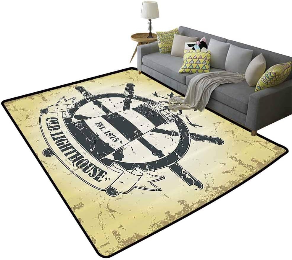 Nautical Seaside Home Multifunctional Rug Coastal Old Lighthouse Ship Helm Wheel Antiqued Est 1875 Seabirds Seagulls Non-Slip Length, 5'x 7'(150x210cm)