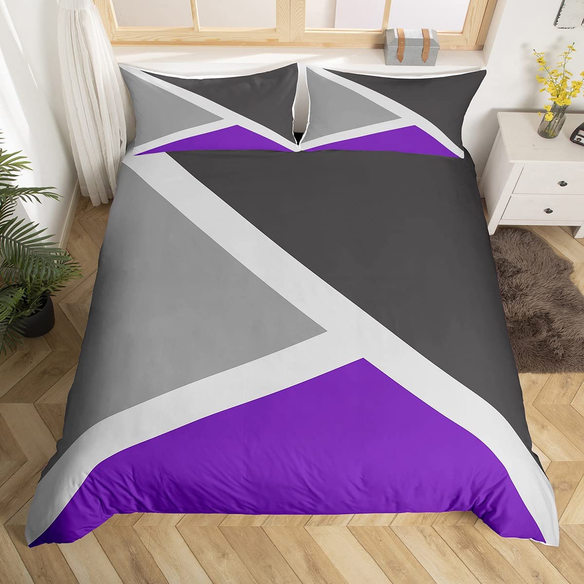 Homewish Purple and Grey Single Duvet Cover Set with 1 Pillowcase - Single Size, 100% Soft & Breathable Polyester, Zip Closure - Geometric Bedding - Modern Simple Pattern with Black Reverse — image 1