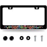 Colorful Hippie Flowers License Plate Frame Floral License Plate Holder | Stainless Steel Accessories Cars Decor with 2 Holes and Screws Fits Standard US CA Vehicles Size 12.2 x 6 Inches