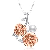 Rose Flower Pearl Necklace for Women 925 Sterling Silver Single Natural Freshwater Pearl Pendant Jewelry Birthday Christmas Gifts for Mom Wife Girlfriend Her