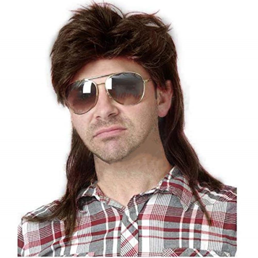 Photo 1 of Swiking Mullet Wigs for Men Brown Replacement Wigs 70s 80s Curly Retro Disco Rocker Punk Fancy Natural Hair Party Cosplay Costume Mens Full Wig