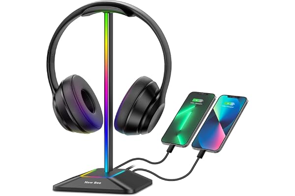 New bee RGB Headphone Stand with 1 USB Charging Port & 1 USB-C Charging Port Desk Gaming Headset Stand with 7 Light Mode Head