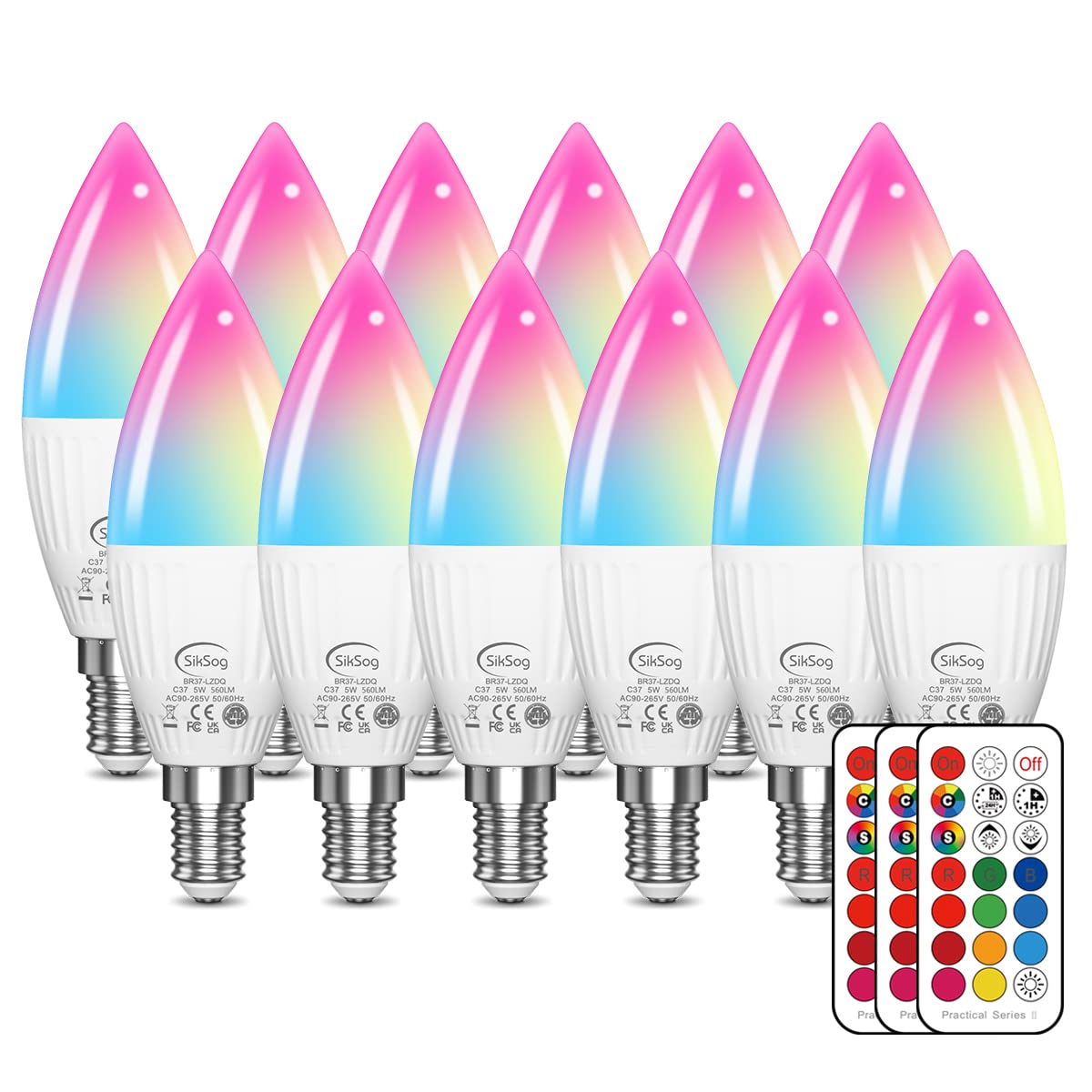 E12 LED Bulb Color Changing Candelabra Light Bulb with Remote Control, 50W Incandescent Equivalent, 560 Lumen,Cool White 5000K + 12 Colors, 5W E12 Small Base, Decorative Chandelier Light Bulb, 12 Pack Image