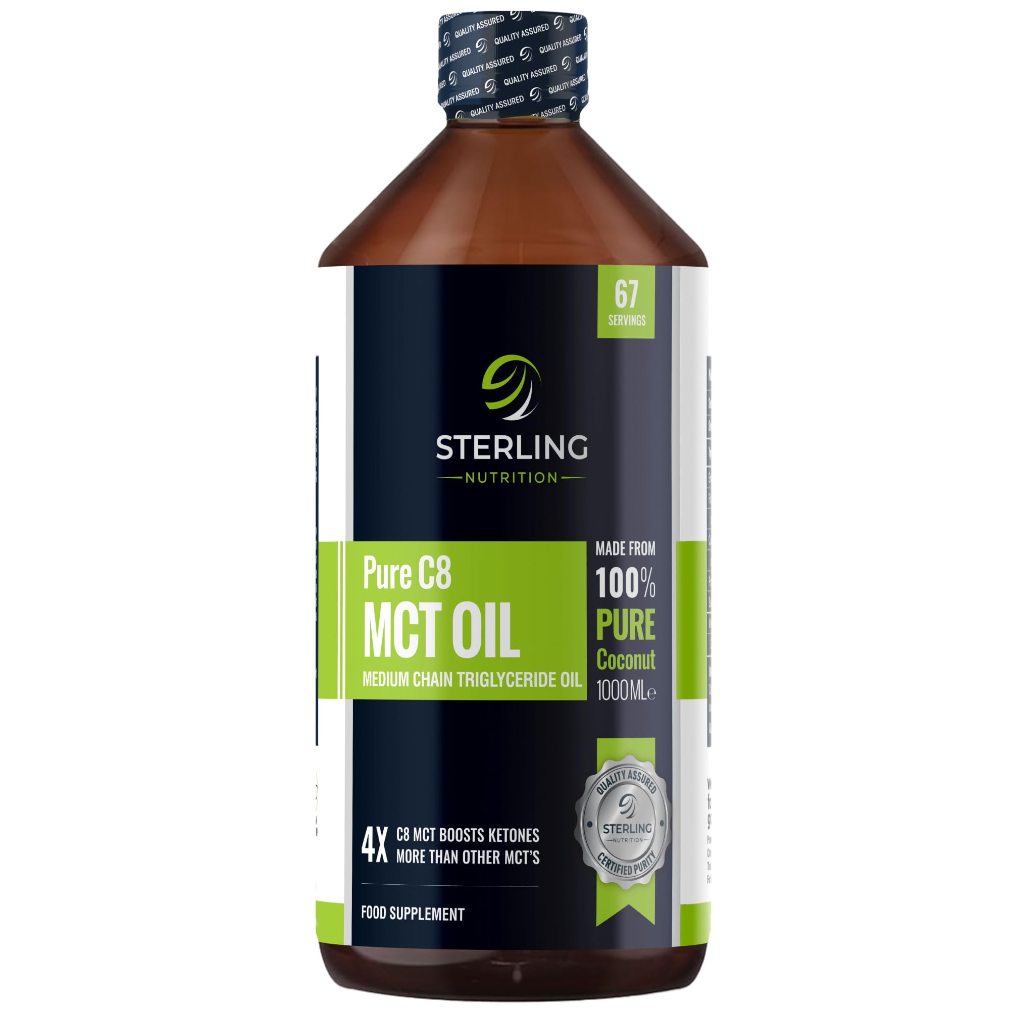 MCT Oil – Pure C8 Caprylic Acid, 1000ml | from 100% Coconut Oil | Suitable for Keto & Fasting | Vegan, Gluten-Free & Lab Tested | STERLING NUTRITION