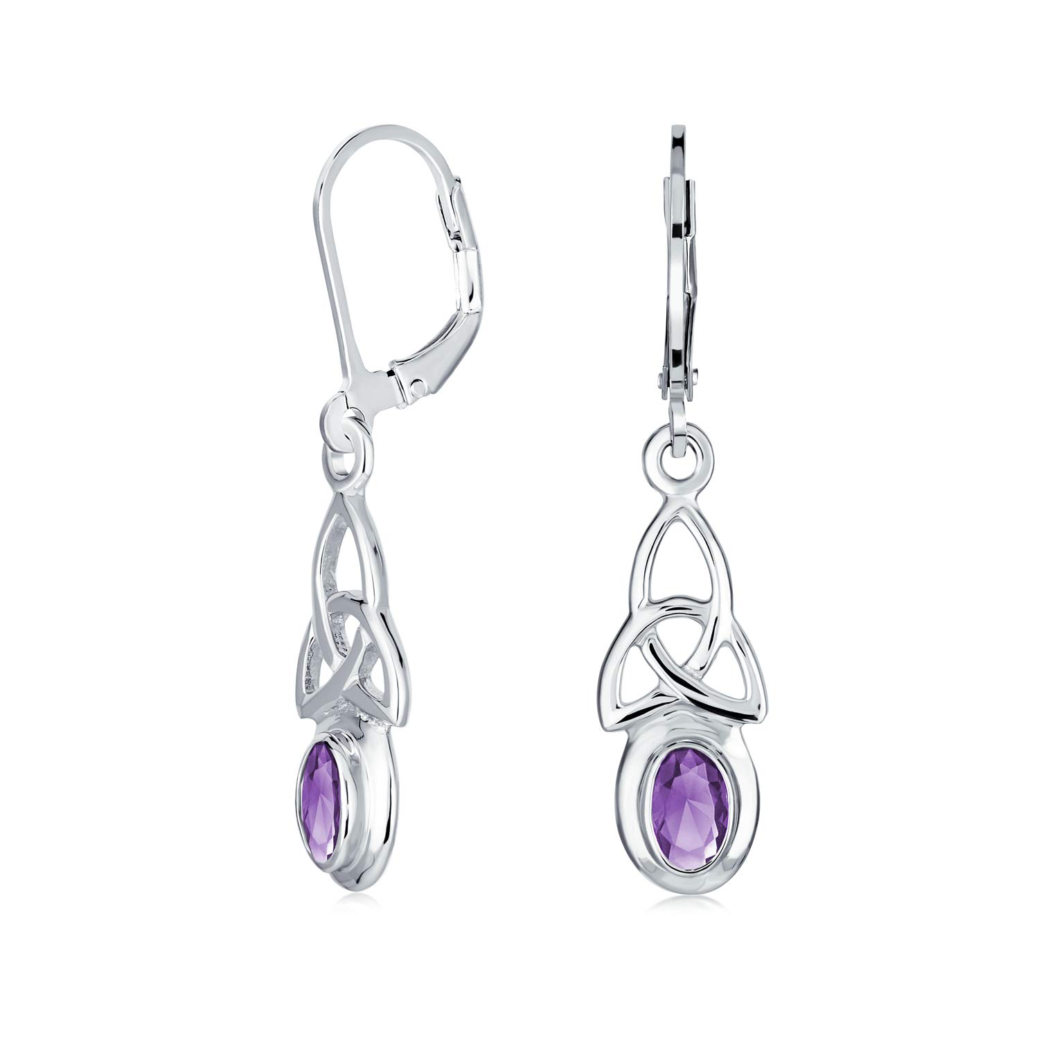 Irish Love Knot Oval Bezel Set Semi Precious Gemstone Purple Amethyst Dangle Celtic Knot Earrings For Women Teens .925 Sterling Silver Lever Back