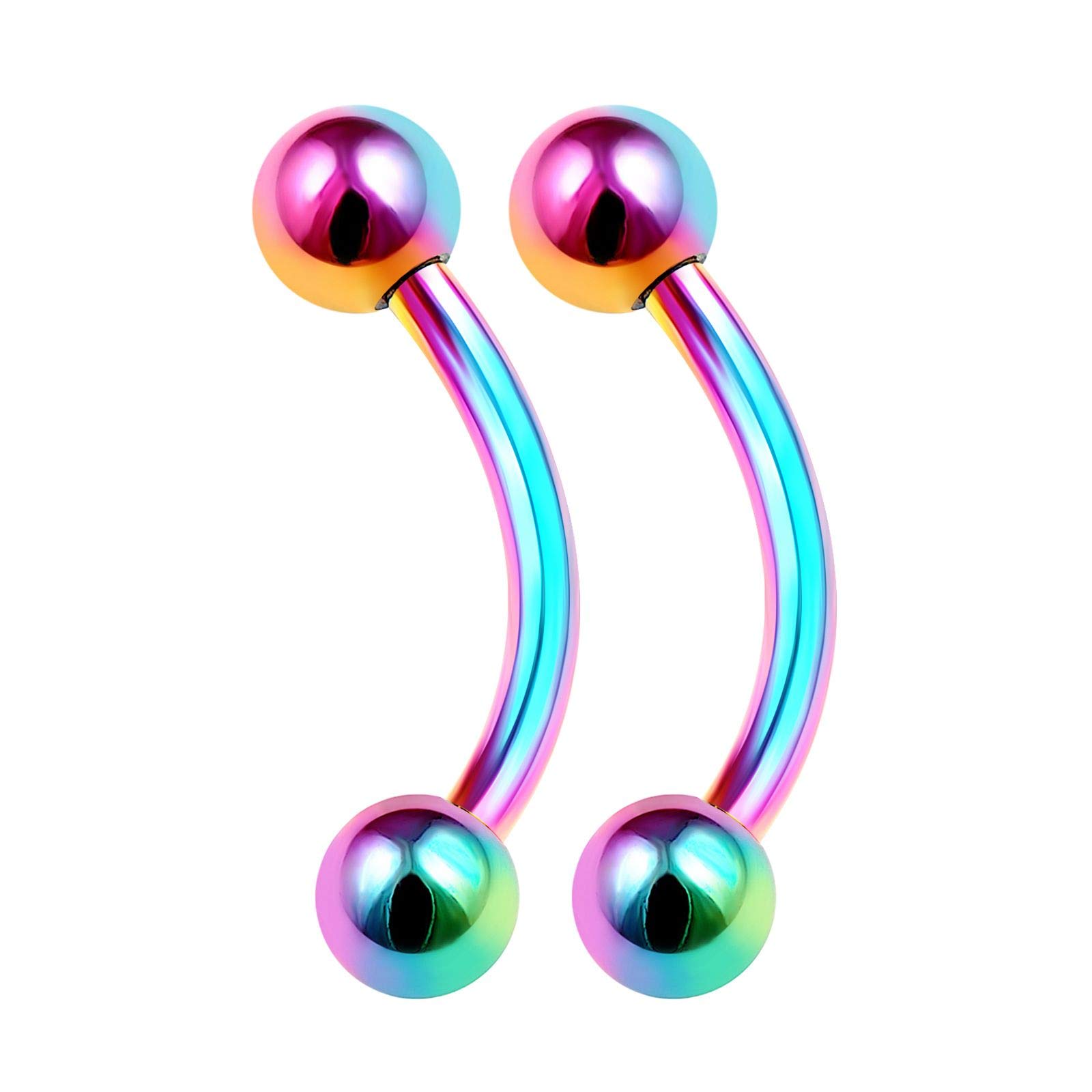 KJM FASHION 2PCS Surgical Steel Rainbow Curve Barbell 14 Gauge 3/8 10m 4m Ball Eyebrow Snake Bite Earrings Tragus Piercing Jewellery 2903