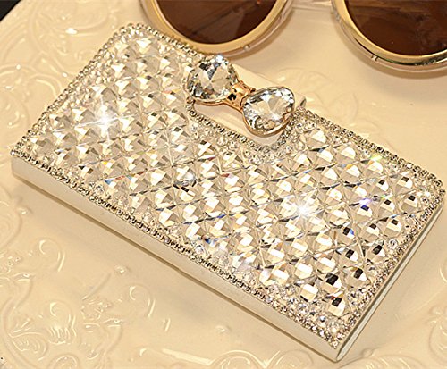 White Luxury 3D Fashion Bling Diamond Bow Bone PU Flip Wallet Leather Case Cover For Smart Mobile Phones (LG G FLEX F340K F340L F340S D958, White)