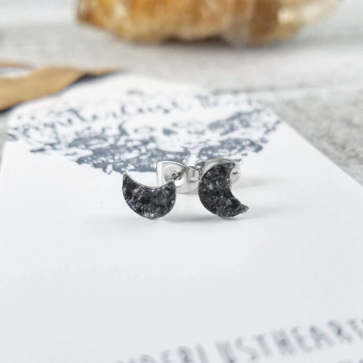 Black obsidian moon stud earrings
