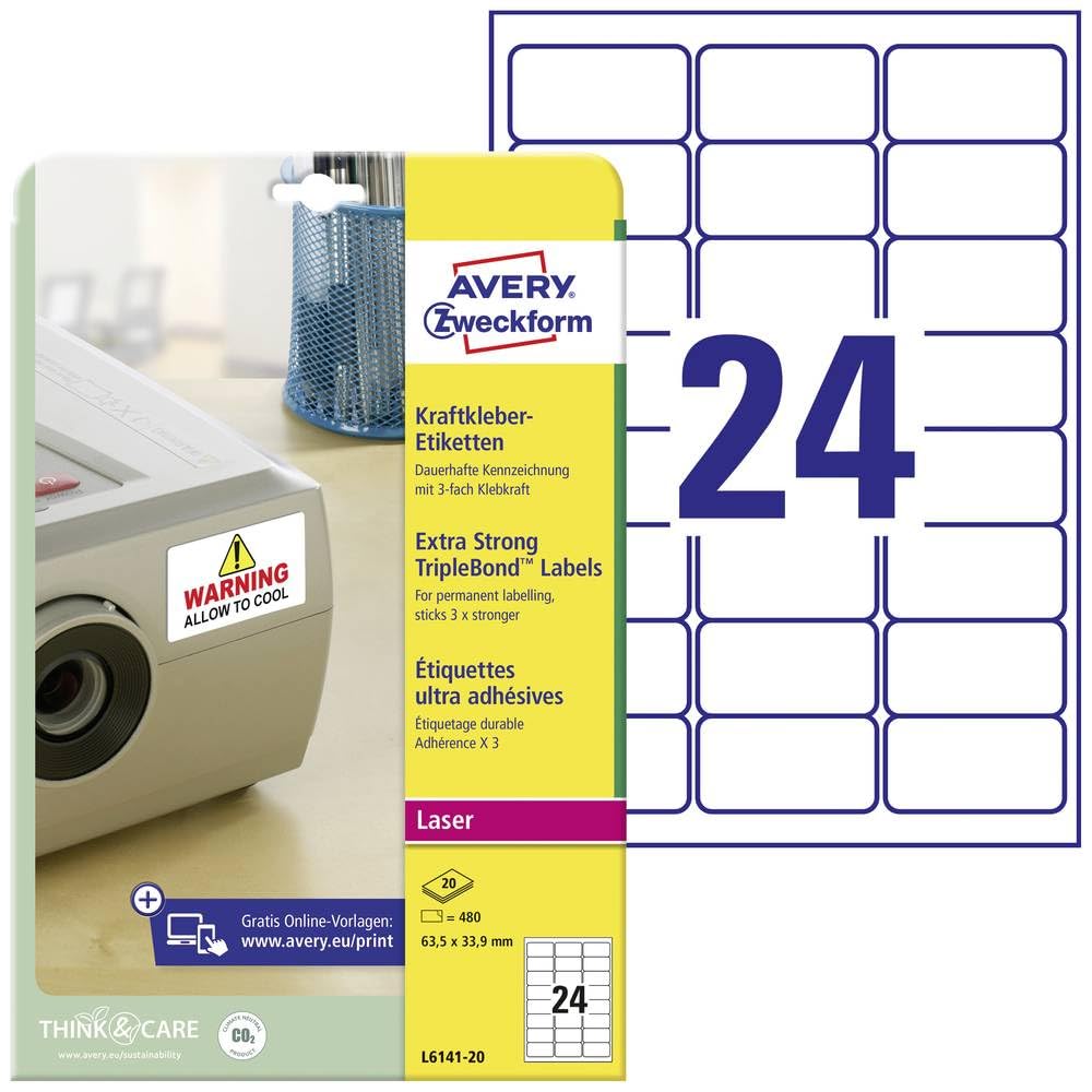 Avery Zweckform L6141-20 Kraft adhesive labels (A4, 480 pieces, 63.5 x 33.9 mm) 20 sheets white