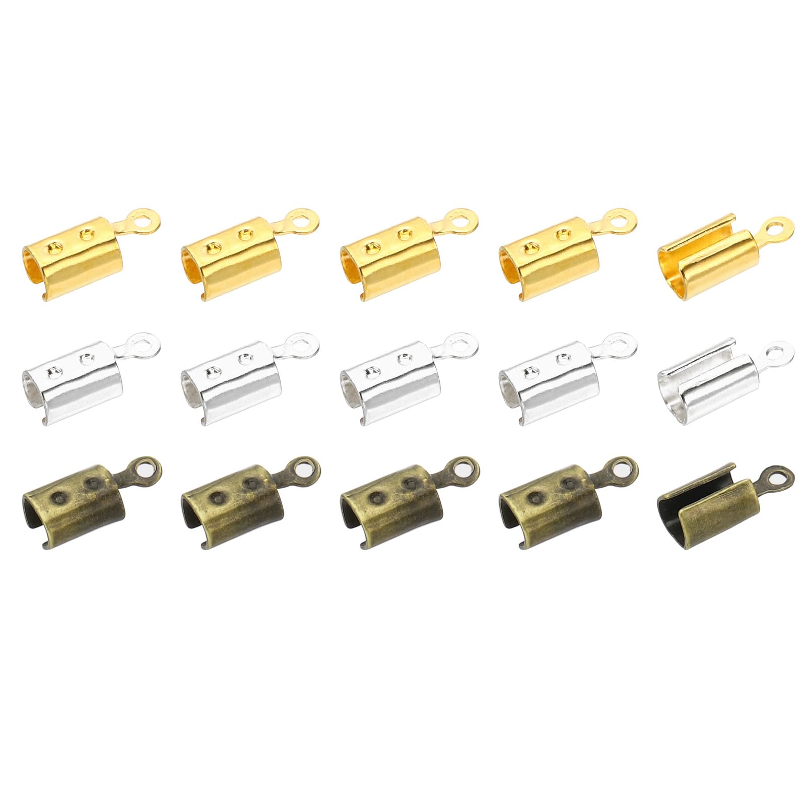 PATIKIL 12 x 5 mm Fold Over Crimp Cord Ends, 300Pcs Stainless Steel Folded Cylindrical Clamp Ends for Leather Jewelry Making, Gold Silver Bronze