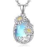 Zhi Kexin Daisy Pendant Necklace for Women 925 Sterling Silver Moonstone Teardrop Filigree Daisys Flower Jewelry Anniversary Birthday Gifts for Daisies Lovers