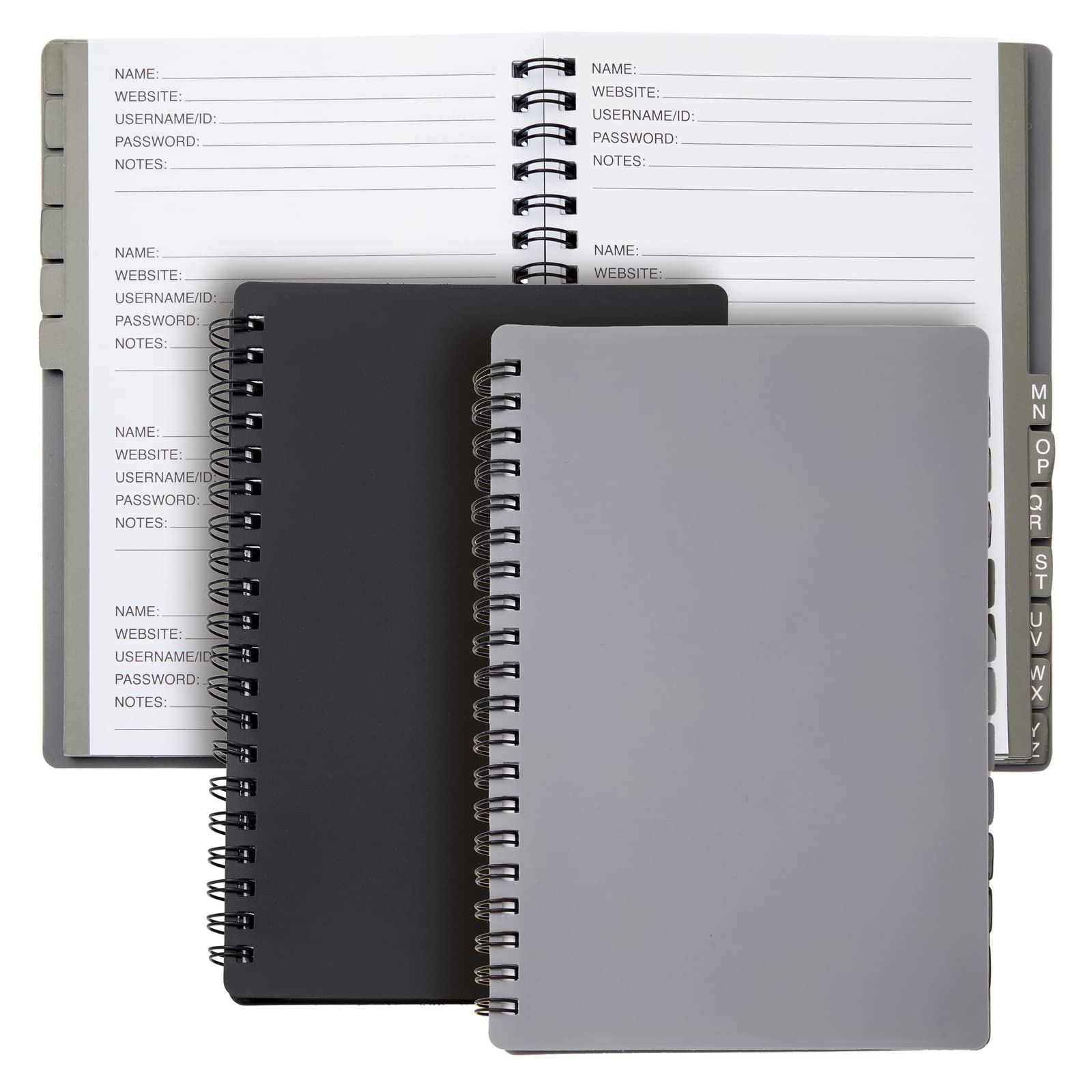 Juvale 2-Pack Spiral Password Keeper Book with Alphabetical Tabs, Password Notebook (80 Lined Pages, 13.2 x 18.3 cm) for Internet and Computer Login, Username, Passwords for Home, Office, Gray/Black