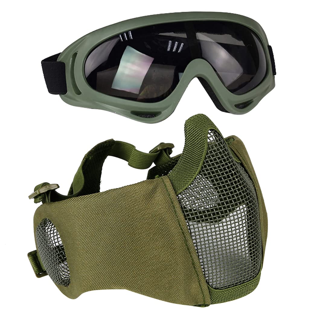 AOUTACC Airsoft Protective Gear Set, Half Face Mesh Masks with Ear Protection and Goggles Set for CS/Hunting/Paintball/Shooting (Green)